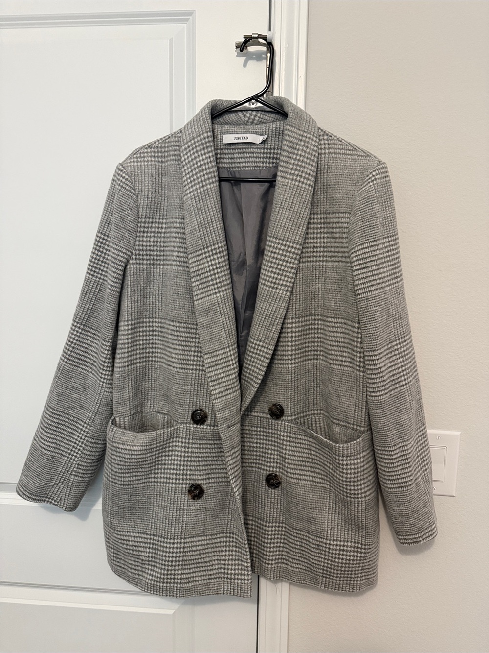 JustFab Oversized Gray Plaid Double-Breasted Blazer